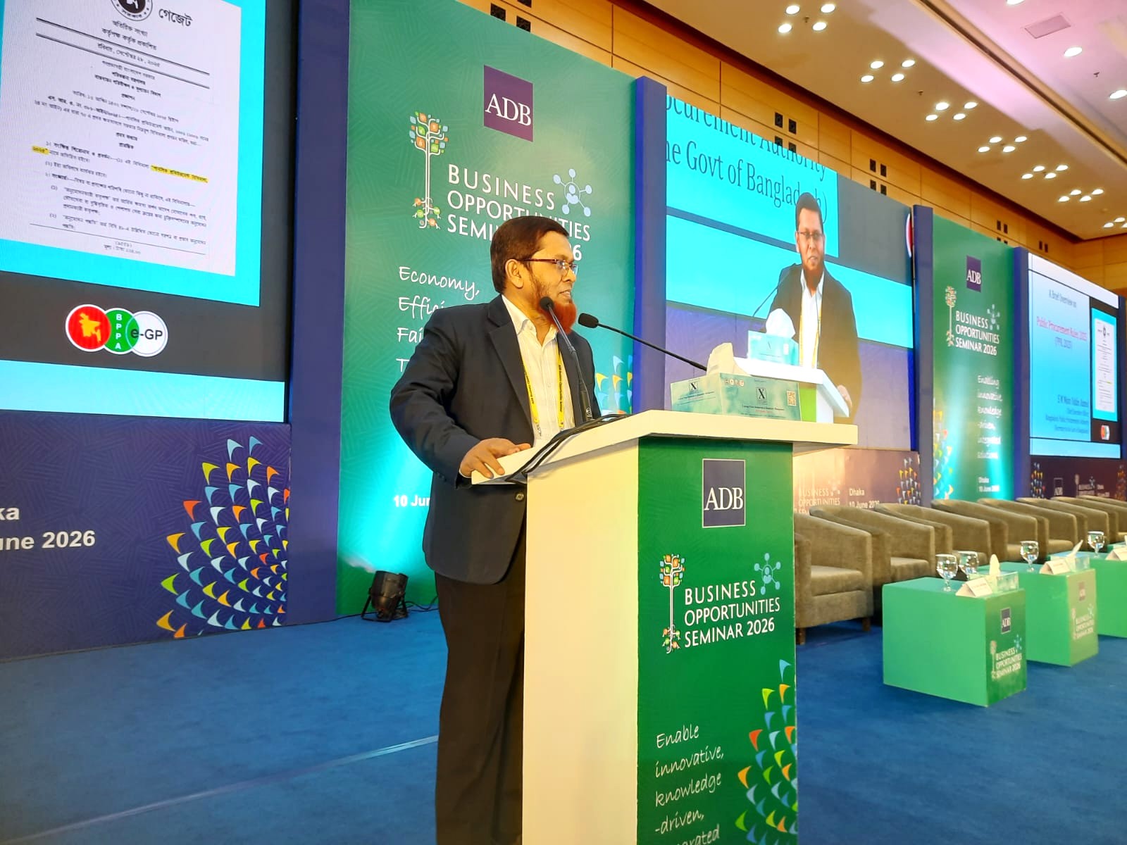 ADB Business Opportunity Workshop-এডিবি বিজনেস অপারচুনিটি কর্মশালায় বক্তব্য প্রদান করছেন বিপিপিএ-এর প্রধান নির্বাহী কর্মকর্তা (সচিব) জনাব এস. এম. মঈন উদ্দীন আহম্মেদ